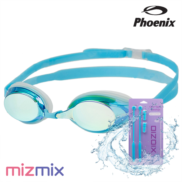 피닉스 / 킹피셔 미러 수경 PR-1M Aqua + 코드형 귀마개 세트